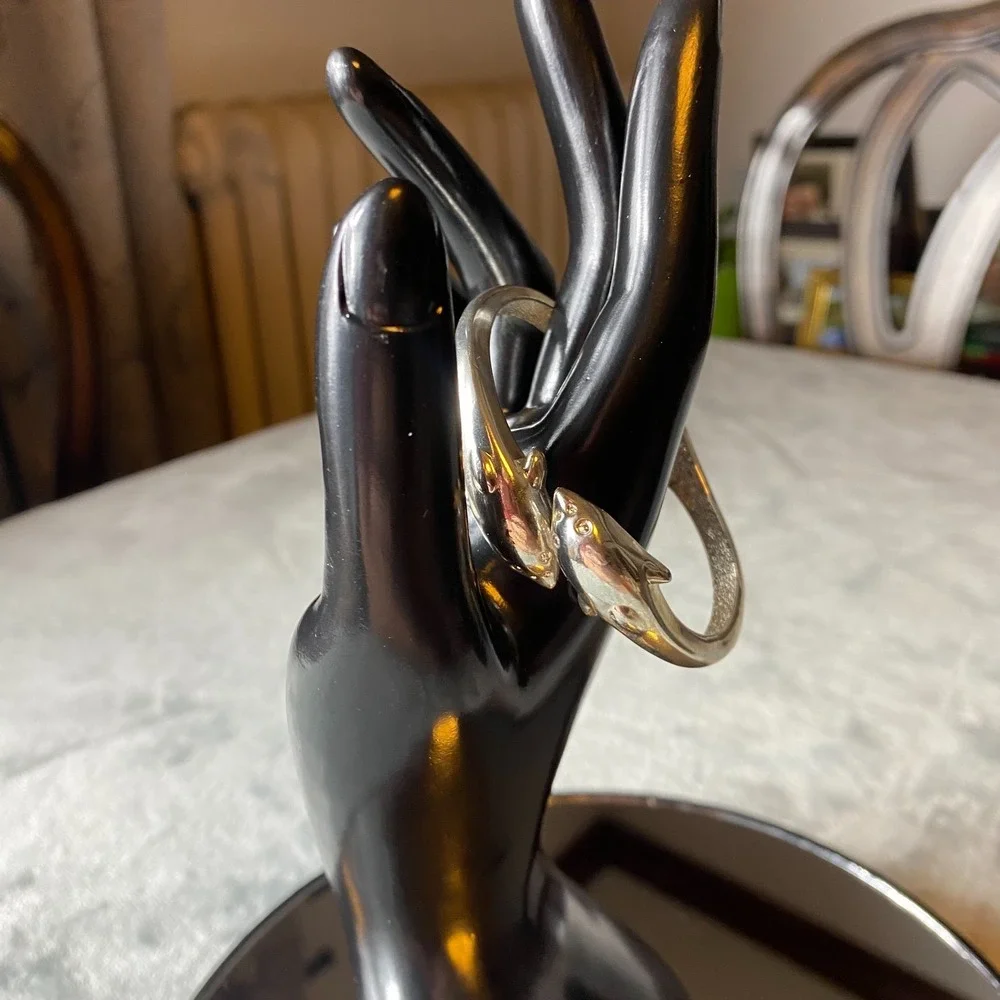 Vintage Bangle Bracelet Double Dolphin Hinged Silver Tone